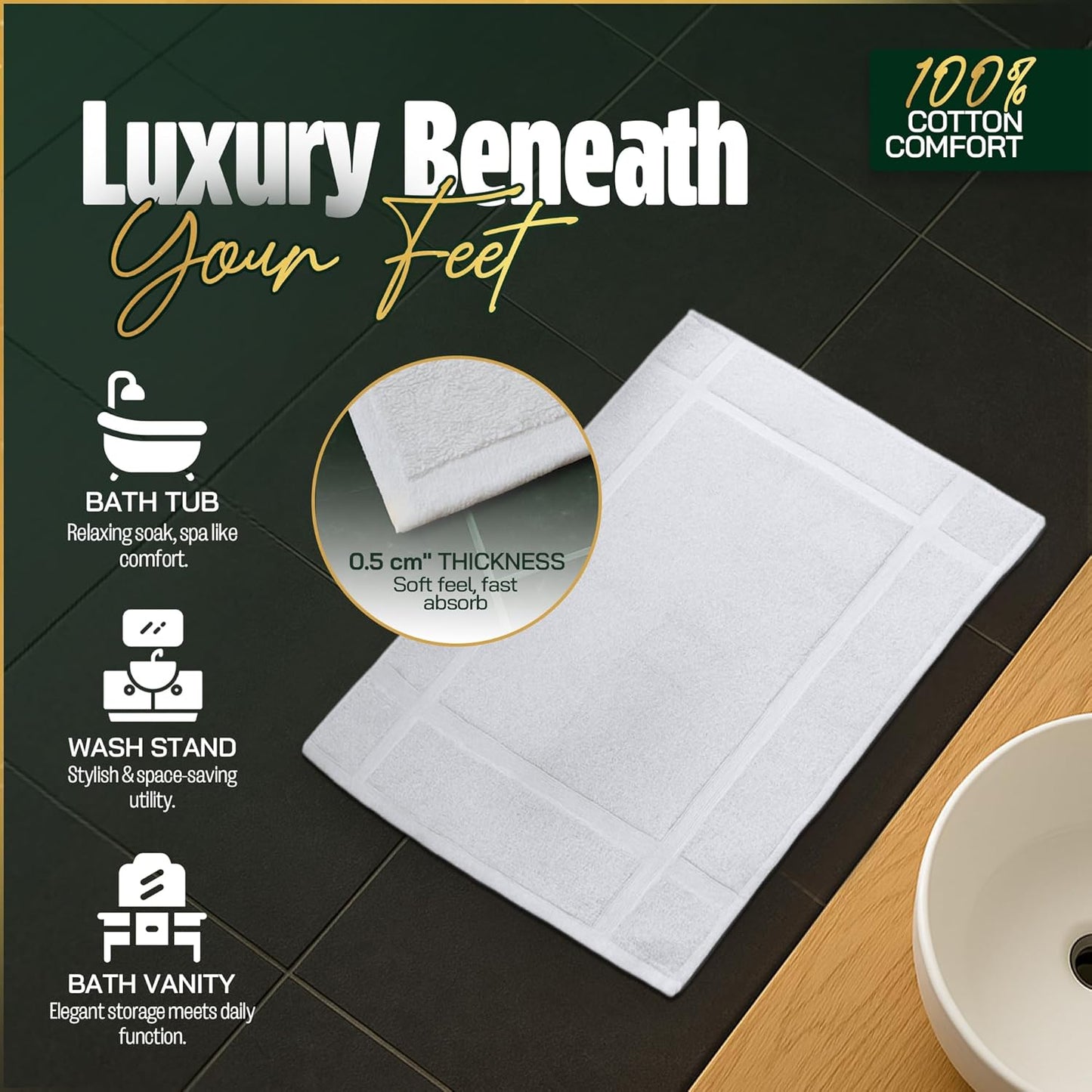 Pearl Linens Pack of 6 100% Cotton Bath Mat 18x25 inches, Soft & Absorbent Quick Dry Bathroom Mat Set, Not Bathroom Rugs, After Shower Mat, Bath Tub Mat, 687 GSM, Machine Washable, White