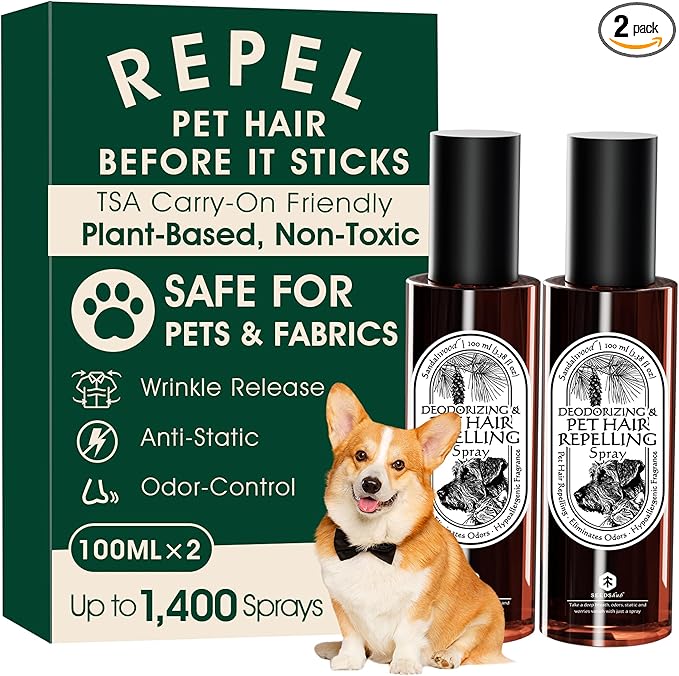 4-in-1 Pet Hair Repellent Spray, Pet Hair Dissolver & Odor Neutralize, Plant Based Enzymes, Safe for Pets, Clothes & Furniture, Refresh Pine Nut Scent, 6.76 fl oz, 2 Travel Pack