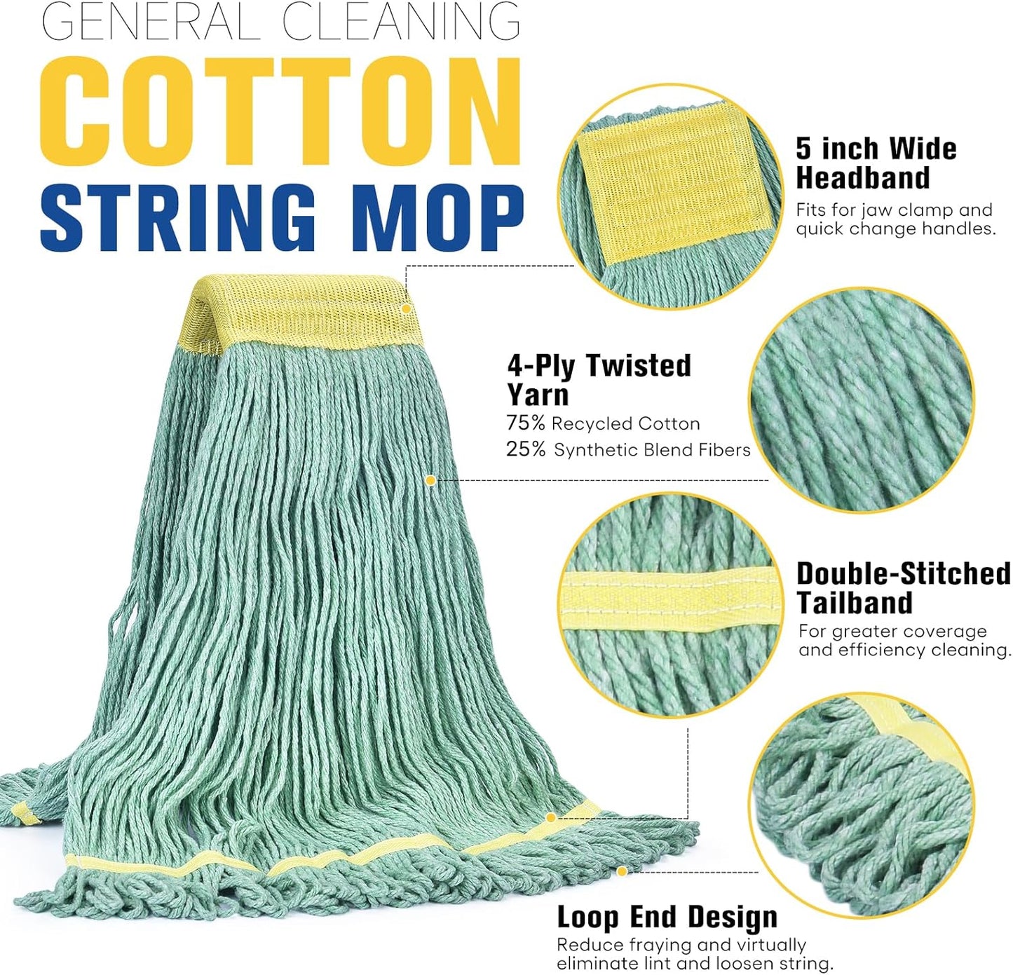 Matthew Cleaning Commercial Mop Head Replacement, 5 Inch Wide Headband, Looped End Cotton Blend String Wet Mops for Floor Cleaning, 18 oz Medium, 1-Pack Green