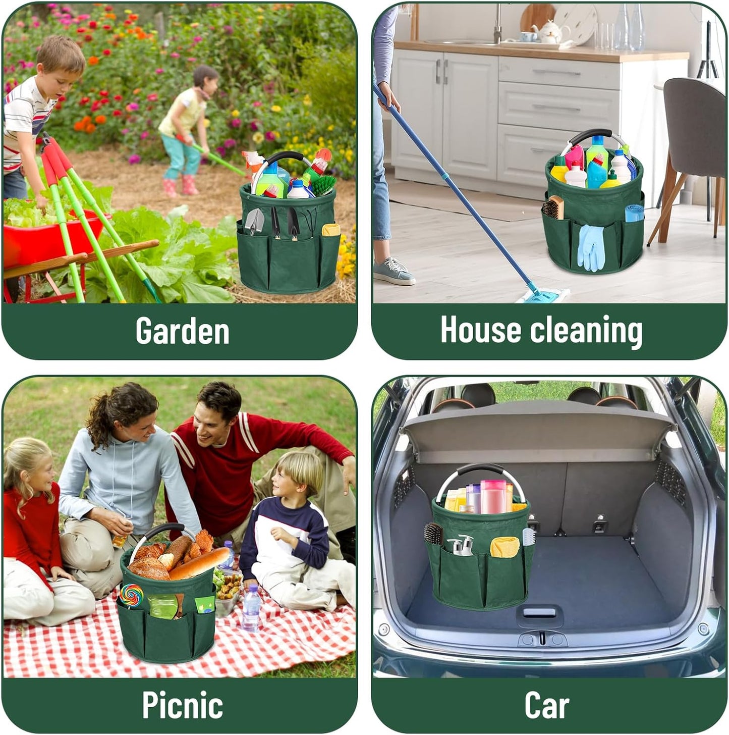 Qivine 17L Cleaning Caddy with Handle, Cleaning Supply Caddy Foldable Cleaning Caddy Cleaning Products Organizers Portable Cleaning Bucket Organiser for Storing Towels (Green)