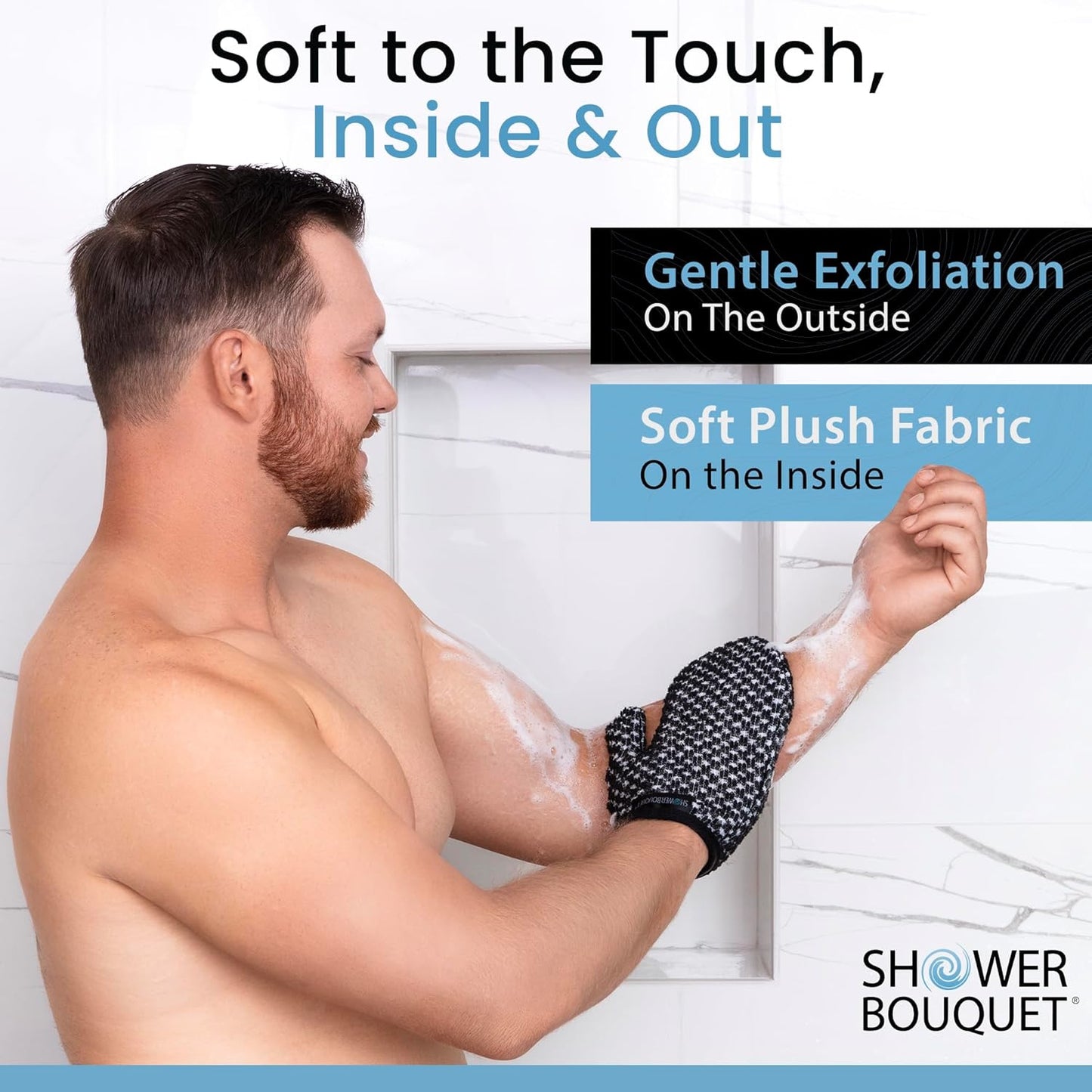 Japanese Exfoliating Mitt 2-Pack - Charcoal & Silver Ion Exfoliating Gloves for Shower - Soft Inner Fabric Gentle Exfoliation & Deep Cleansing Body Scrub Gloves for All Skin Types - 2 White