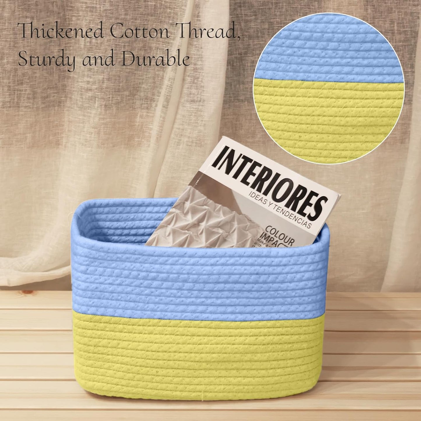 Hopegiver Woven Storage Baskets 11x8x7 Inch, 3 Pack Collapsible Cube Storage Bin for Shelves - Foldable Cotton Rope Organizer Bins for Towels, Toys, Books, Closet, Nursery (Blue Yellow)