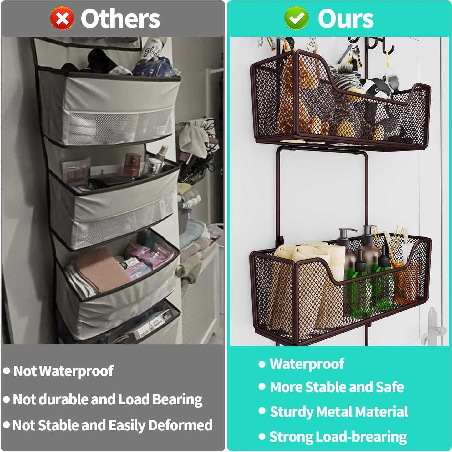 HapiRm Over The Door Organizer - Hanging Door Organizer with 4 Metal Large Capacity Baskets and Adjustable Coat Hook for Bathroom Bedroom Kitchen Pantry Closet Cabinet