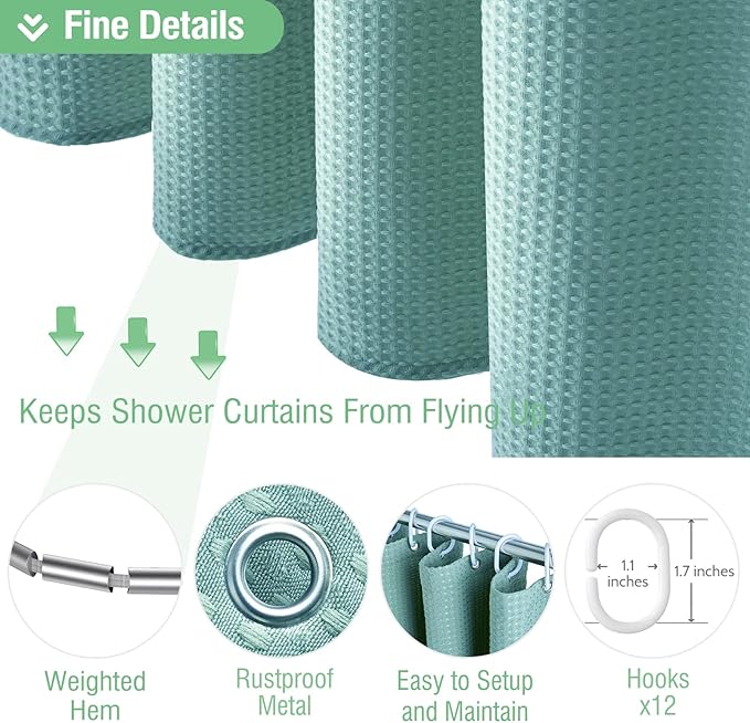 Dynamene Extra Long Shower Curtain,84 Inch Long Waffle Weave Weighted Thick Cloth Bathroom Shower Curtain, Neutral Heavy Duty Hotel Bath Curtain Set with 12 Plastic Hooks,72x84,Teal