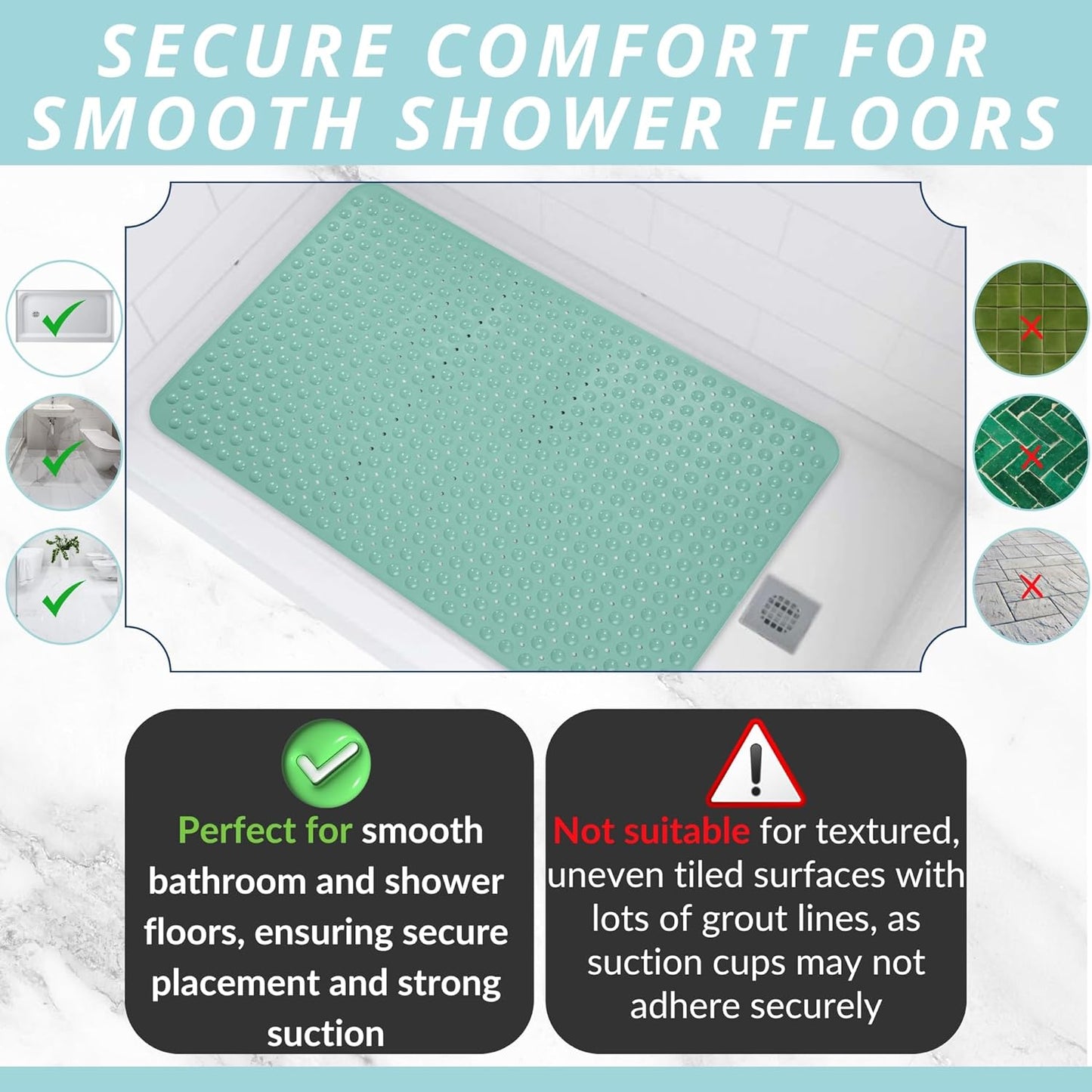 ENKOSI Extra Large Shower Mat Non Slip - 47 x 32 inch - XL Bathroom Shower Mat - Large Shower Matts for Shower Stall Floors - Secure Suction Cups and Drain Holes (47x32 Aqua Green)