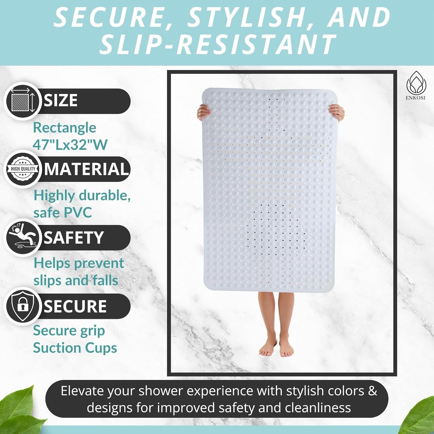 ENKOSI Extra Large Shower Mat Non Slip - 47 x 32 inch - XL Bathroom Shower Mat - Large Shower Matts for Shower Stall Floors - Secure Suction Cups and Drain Holes (47x32 White)