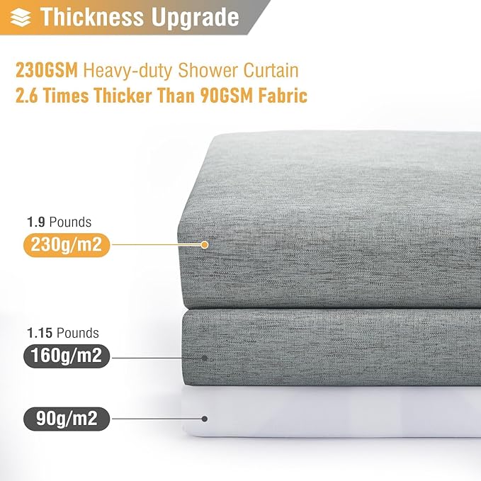 BTTN Long Fabric Shower Curtain - 72x80 Inch Linen Textured Heavy Duty Polyester Cloth Shower Curtain Set with 12 Plastic Hooks, Hotel Luxury Waterproof Modern Shower Curtains for Bathroom, Gray/Grey