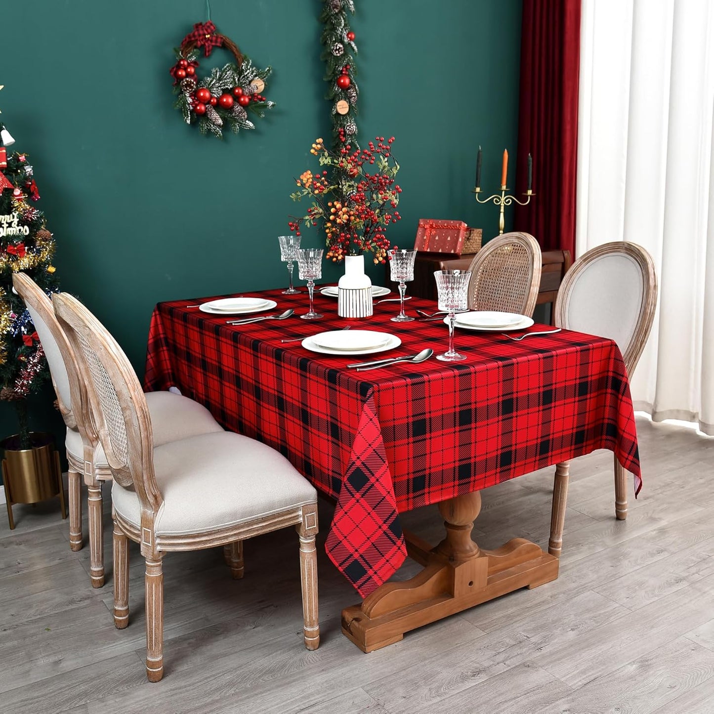 Red Gingham Christmas Plaid Tablecloth - Rectangular 58x102 Inch Water Resistant Table Cloth for Indoor/Outdoor Use - Holiday Table Cover for Kitchen, Picnics, and Parties