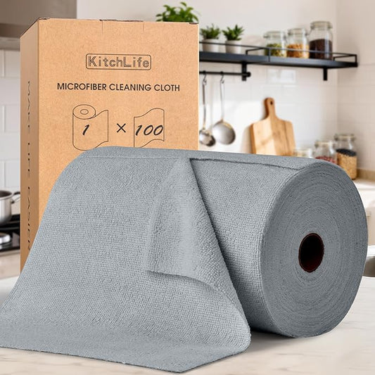 KitchLife Microfiber Cleaning Cloth Roll, 100 Pack - Tear-Away Microfiber Paper Towels, Lint-Free, Reusable, Washable for Kitchen, Car, Dishes, and Sensitive Surfaces (Dark Gray)