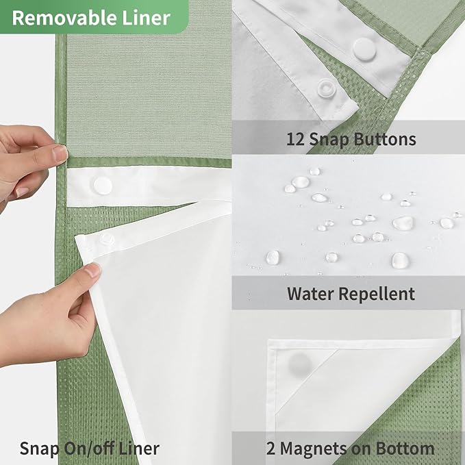 Stall No Hook Shower Curtain with Snap-in Fabric Liner Set,Waffle Weave Shower Curtains for Bathroom,Hotel Luxury Decor Bathroom Curtain Set,Waterproof & Washable,Sage Green,54Wx80H