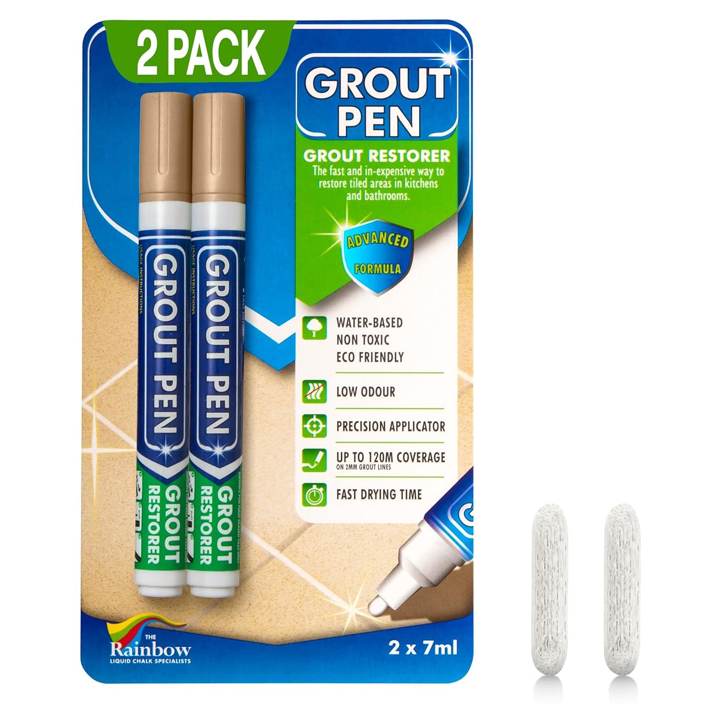 Grout Pen Beige Tile Paint Marker: Waterproof Grout Paint, Tile Grout Colorant and Sealer Pen - Narrow 5mm, 2 Pack with Extra Tips (7mL) - Beige