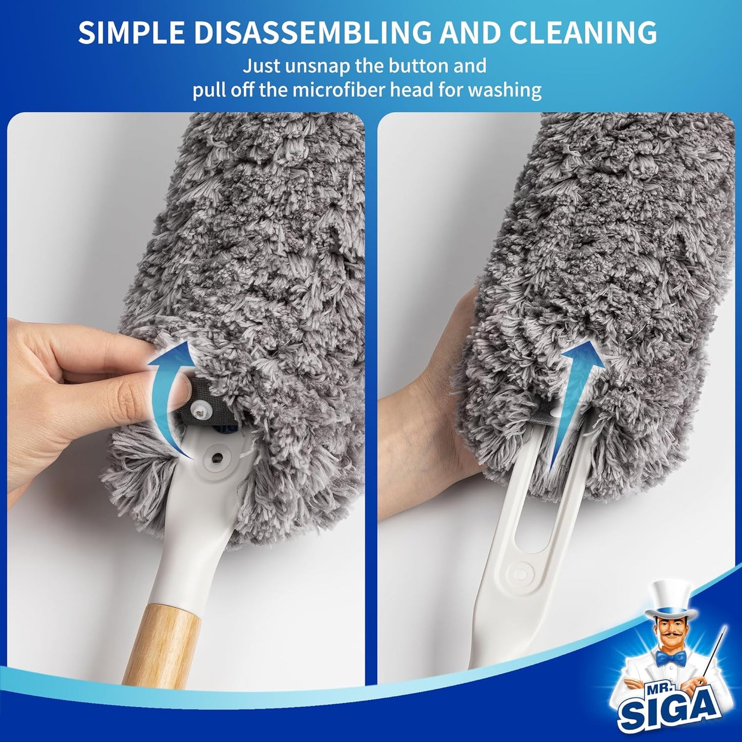 MR.SIGA Lint Free Microfiber Duster, Washable and Reusable Duster with Bamboo Handle and Replaceable Head, Duster for Household Cleaning