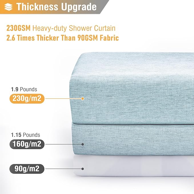 BTTN Stall Fabric Shower Curtain - 36x72 Inch Narrow Linen Textured Heavy Duty Shower Curtain Set with 6 Plastic Hooks, Half Neutral Minimalist Waterproof Modern Shower Curtains for Bathroom, Fog Blue