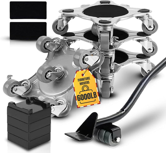 Heavy Duty Furniture Dolly Set with Lifter Tool and 5 Wheels - Capacity, 360° Rotating Wheels for Sofas, Refrigerators, and More (6000 LB)