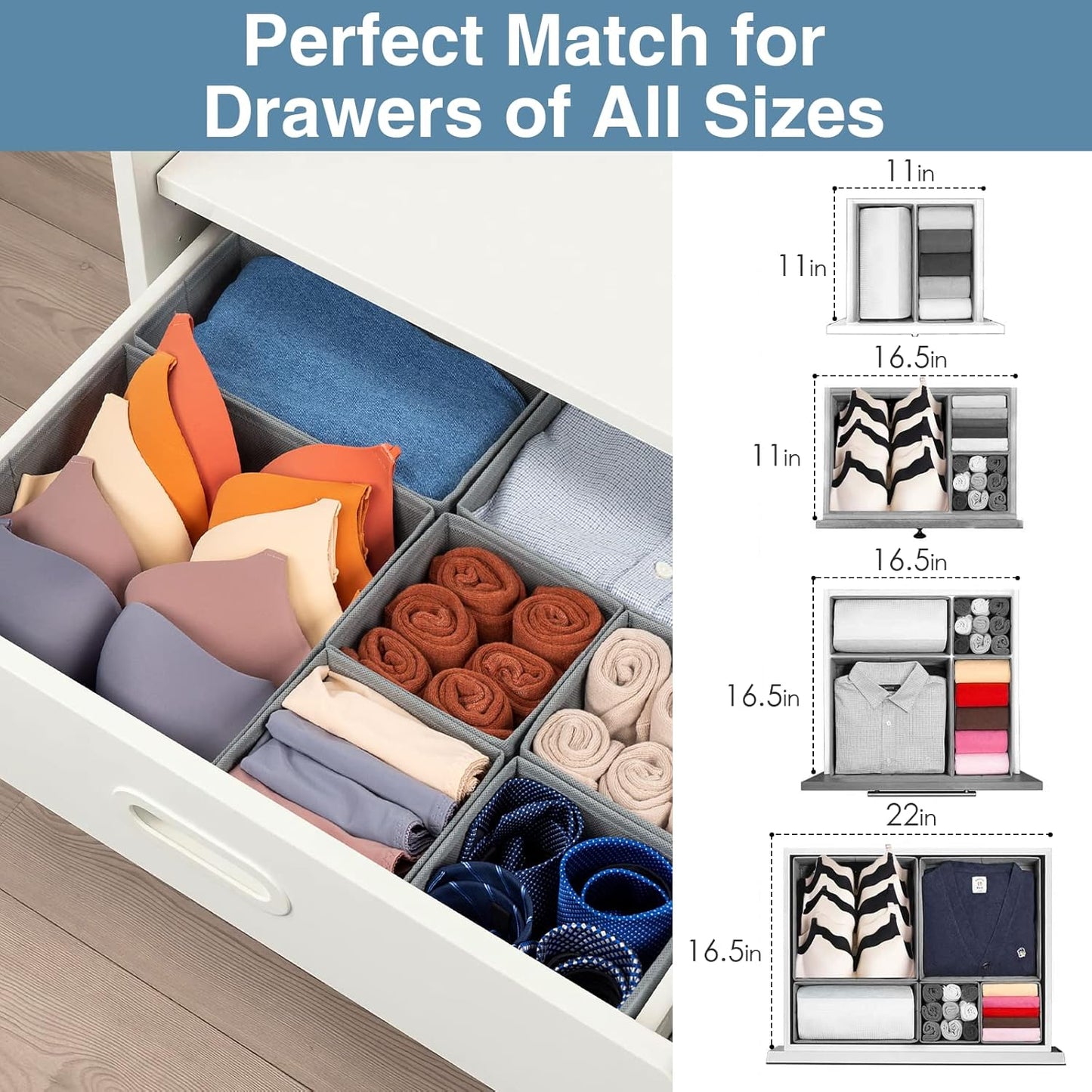 Criusia Drawer Organizer Clothes, 8 Pack Underwear Organizer, Foldable Closet Organizers and Storage Dresser Dividers for Clothes, Socks, Scarves, Ties (Gray)