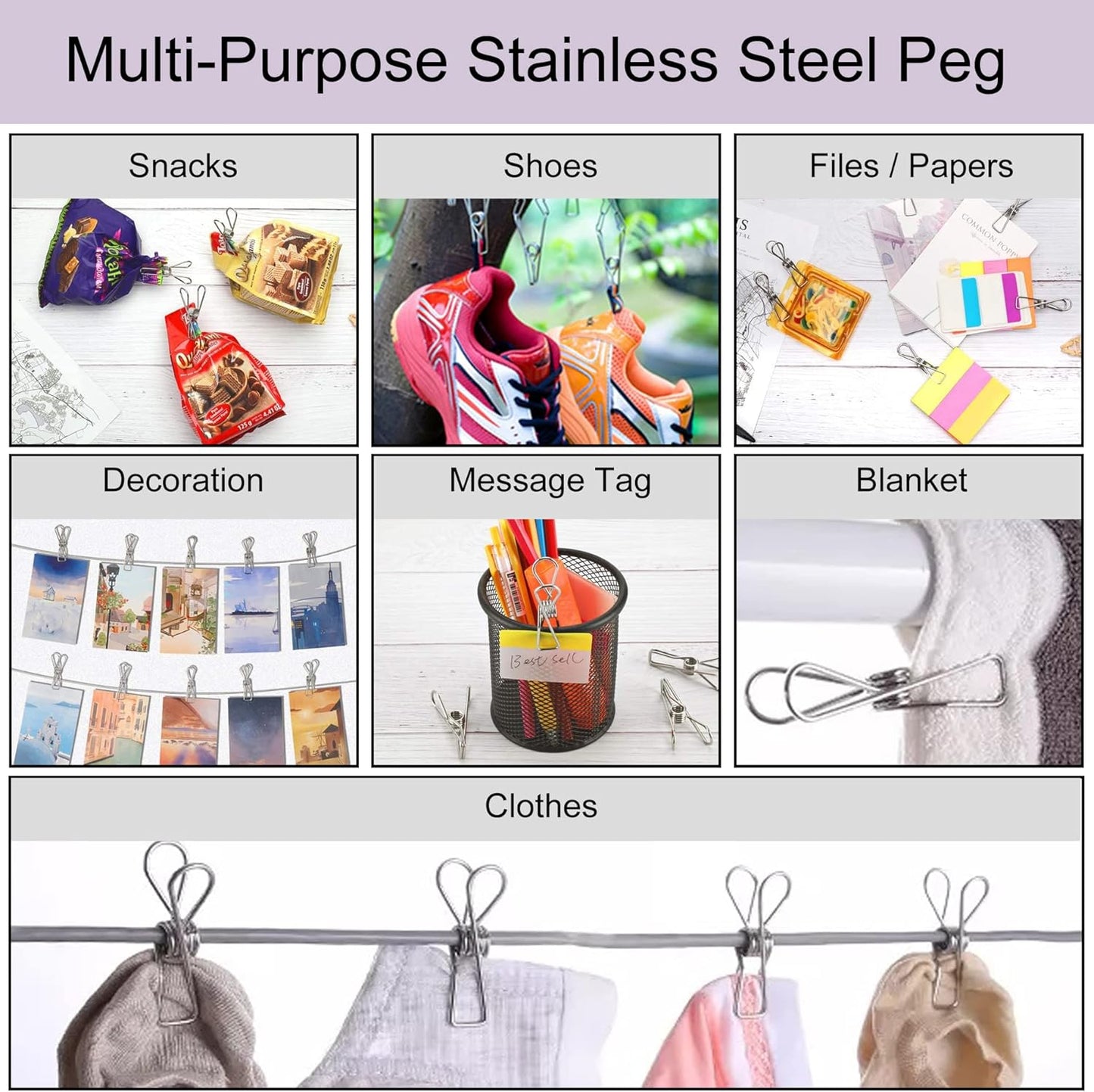 100 Pcs Clothespins Laundry Chip Clips - Durable Stainless Steel Clothes Pins,Heavy Duty Clamp Metal Wire Clothes Pegs with One Storage Bag & 2 Hooks,for Outdoor Clothesline Home Kitchen Office