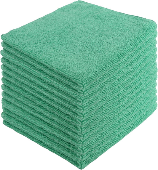 Microfiber Cleaning Cloths,12 Pack, 16"x16", All-Purpose, Softer, Highly Absorbent, Lint-Free, Reusable, Washable Pro Towels, Green, for House, Kitchen, Bathroom, Car, Office