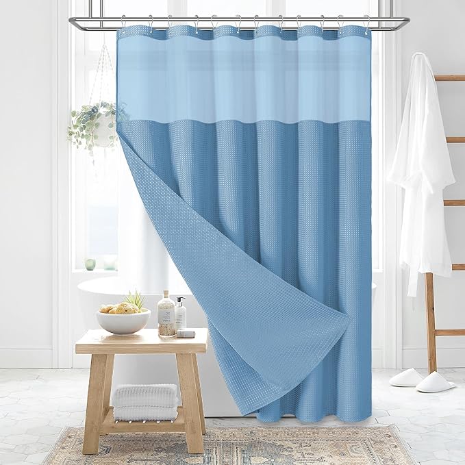 Dynamene Extra Long Shower Curtain, 84 Inch Long Waffle Fabric Shower Curtain for Bathroom, Tall Waterproof Cloth Shower Curtain Set with Hook, Snap in Liner, Mesh Top Window, Moonlight Blue, 72x84