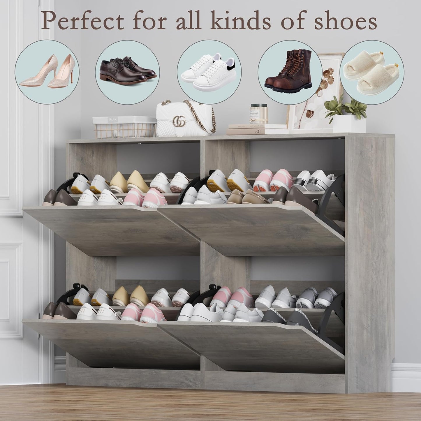 Shoe Cabinet with 4 Flip Drawers, Narrow Hidden Shoe Storage Cabinet, Slim Freestanding Shoe Rack Organizer for Entryway, Hallway, Bedroom, Living Room