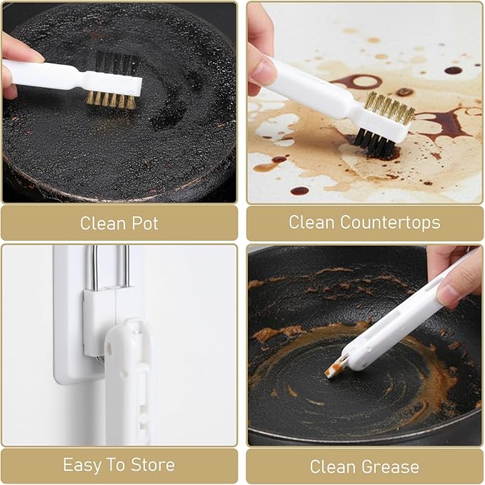2Pcs Kitchen Cleaning Scrub Brush, 4 in 1 Deep Gas Stove Brass Wire Brush with Stiff Bristles and Cooktop Scraper Stainless Steel Scrubber for Range Hood Grease Grime Rust Cleaner Pot Pan