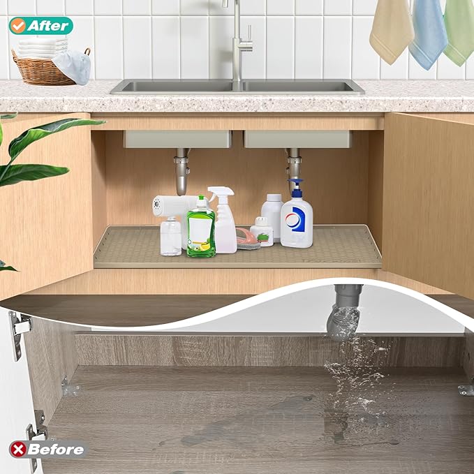 Waterproof Under Sink Mat 28" x 22", Silicone Cabinet Liner, Rubber Protector for Kitchen and Bathroom, Keeps Cabinets Clean, Dry, and Organized (Mint Green)