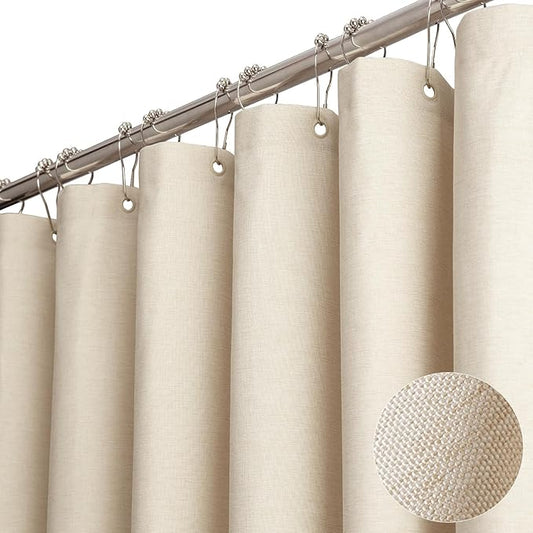 BTTN Extra Long Fabric Shower Curtain - 72 x 90 Inch Linen Textured Heavy Duty Cloth Shower Curtain Set with 12 Plastic Hooks, Large Hotel Luxury Polyester Shower Curtains for Bathroom, Beige/Cream