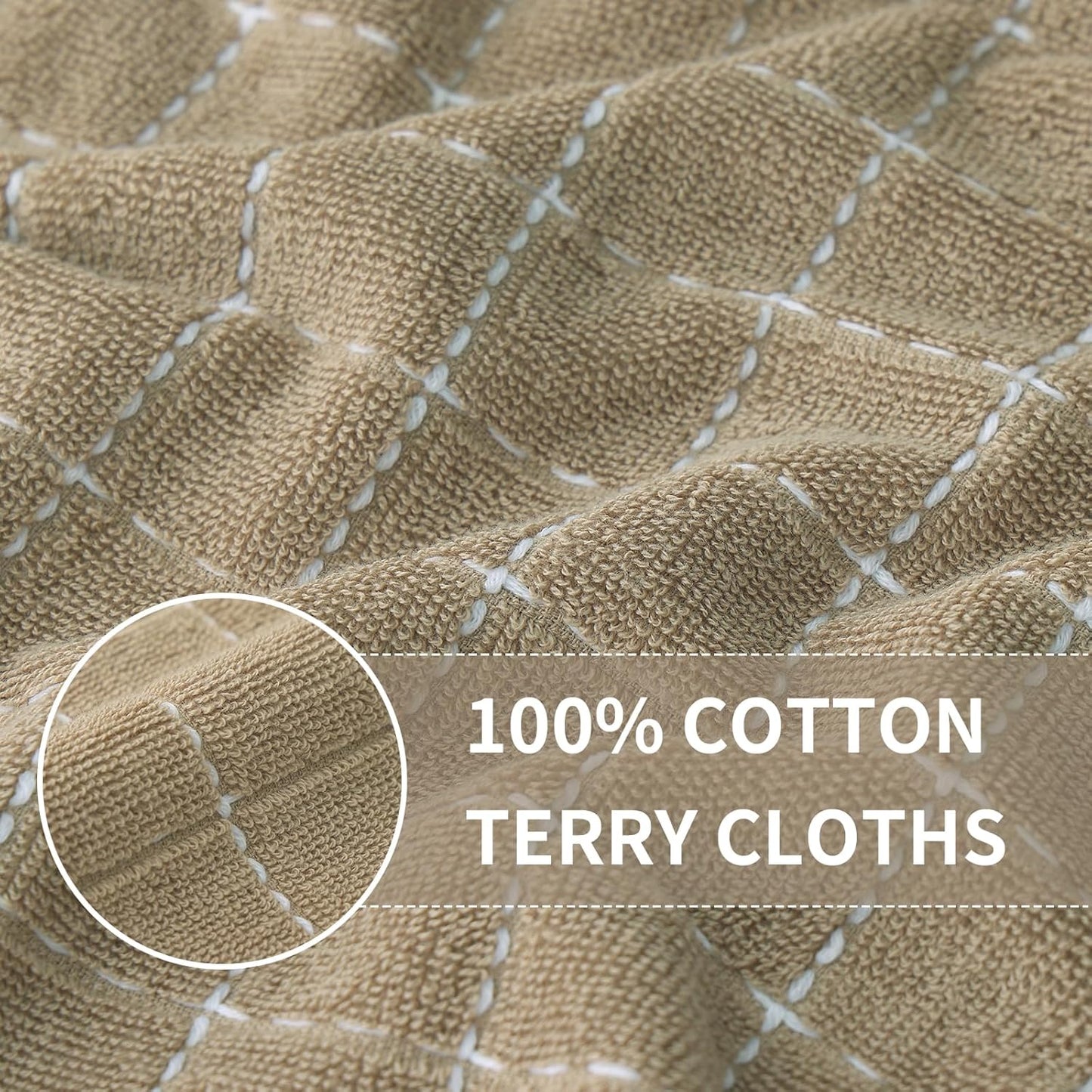 Homaxy 100% Cotton Terry Kitchen Towels(Tan, 13 x 28 inches), Checkered Designed, Soft and Super Absorbent Dish Towels, 12 Pack