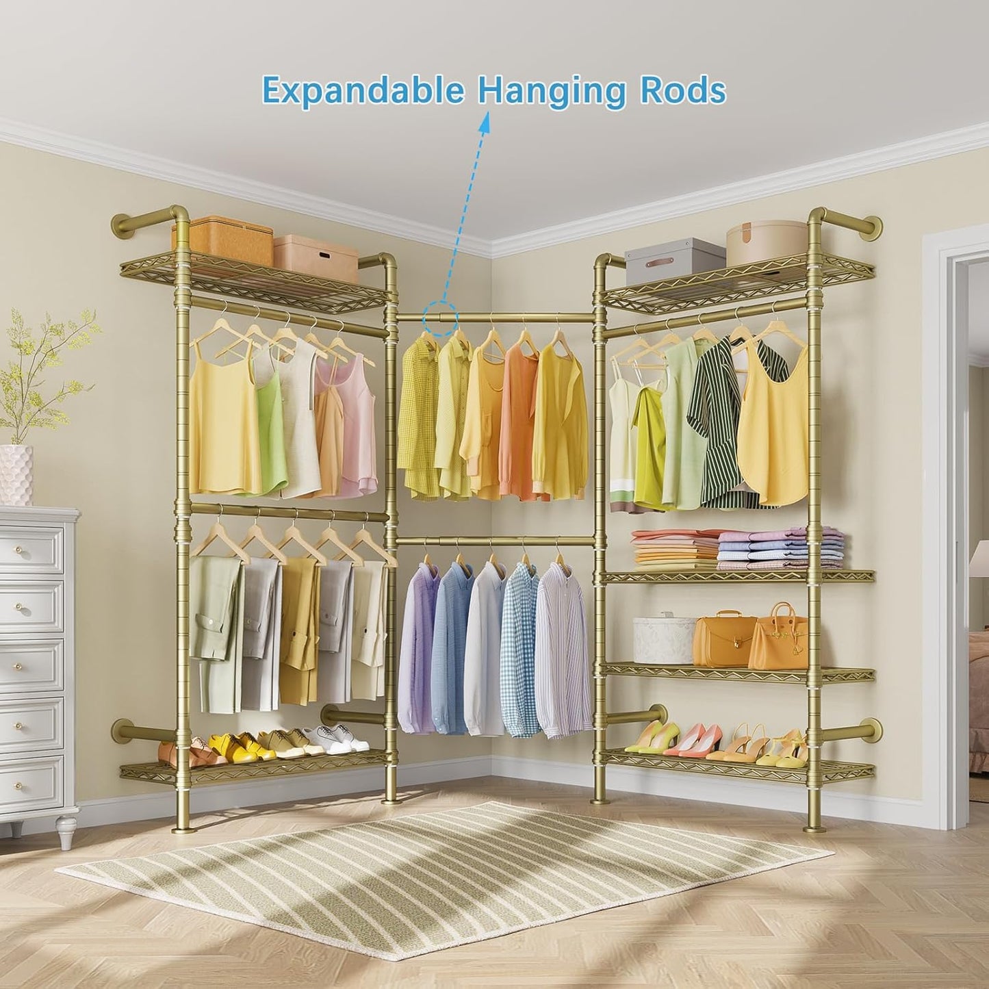 Timate F3 Garment Rack Heavy Duty Clothes Rack for Hanging Clothes, Expandable Industrial Pipe Wall Mounted Clothing Rack, Adjustable Storage Closet Wardrobe Closet Kit Walk in Closet Systems, Gold