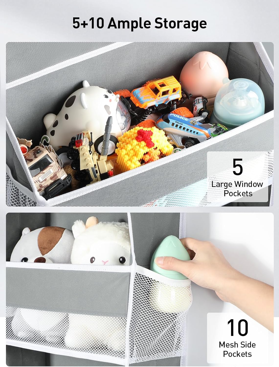 Yecaye 2 Pc Over The Door Organizer with 5 Bins 10 Side Pockets, 44lbs Load Hanging Bathroom and Bedroom Organizer, Behind The Door Hanging Organizers for Nursery Newborn Baby Essential Stuff Grey