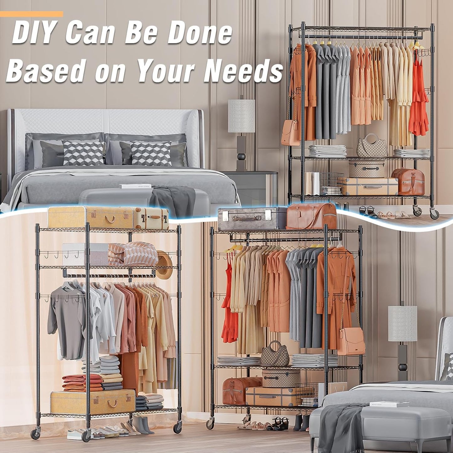 Homdox 3 Tier Heavy Duty Garment Rack with Wheels, Adjustable Wire Clothes Rack with Double Hanging Rods, Portable Closets for Hanging Clothes with Side Hooks, Black