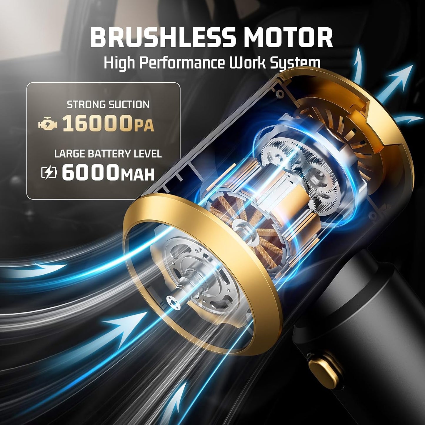 Car Handheld Vacuum Cordless: Car Vacuum Cleaner with 16000Pa Ultra-Strong Suction, Brushless Motor & HEPA Filter - Lightweight Design for Drivers and Office Workers- Matte Black