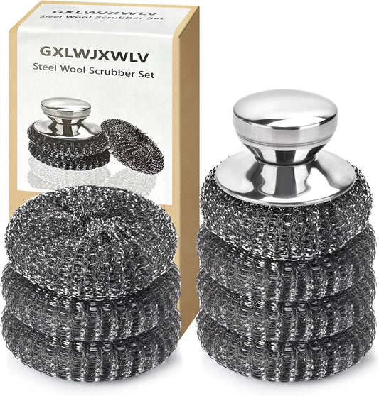 7PCS Steel Wool Scrubber Pads, Stainless Steel Scrubber Set with 1PCS Handle, Metal Scrubbers for Cleaning Kitchen and Household, Dishes, Stoves, Grill, Wash Sink, Pots