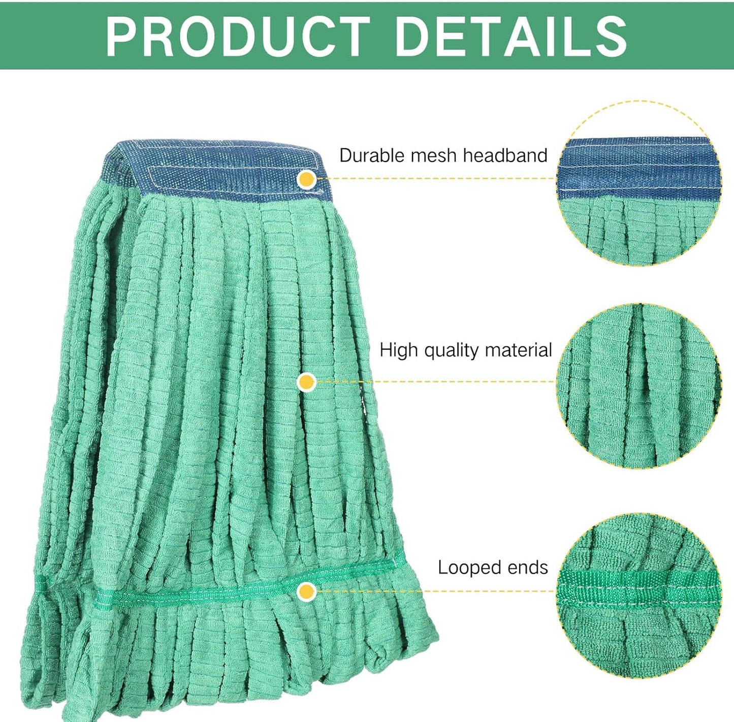 Lallisa 10 Pcs Commercial Mop Head Replacement Tube Microfiber Mop Heads for Floor Cleaning Industrial Mop Heads Looped End Wet Mop Head Refill for Home Commercial Industrial Use (Green,18 oz)