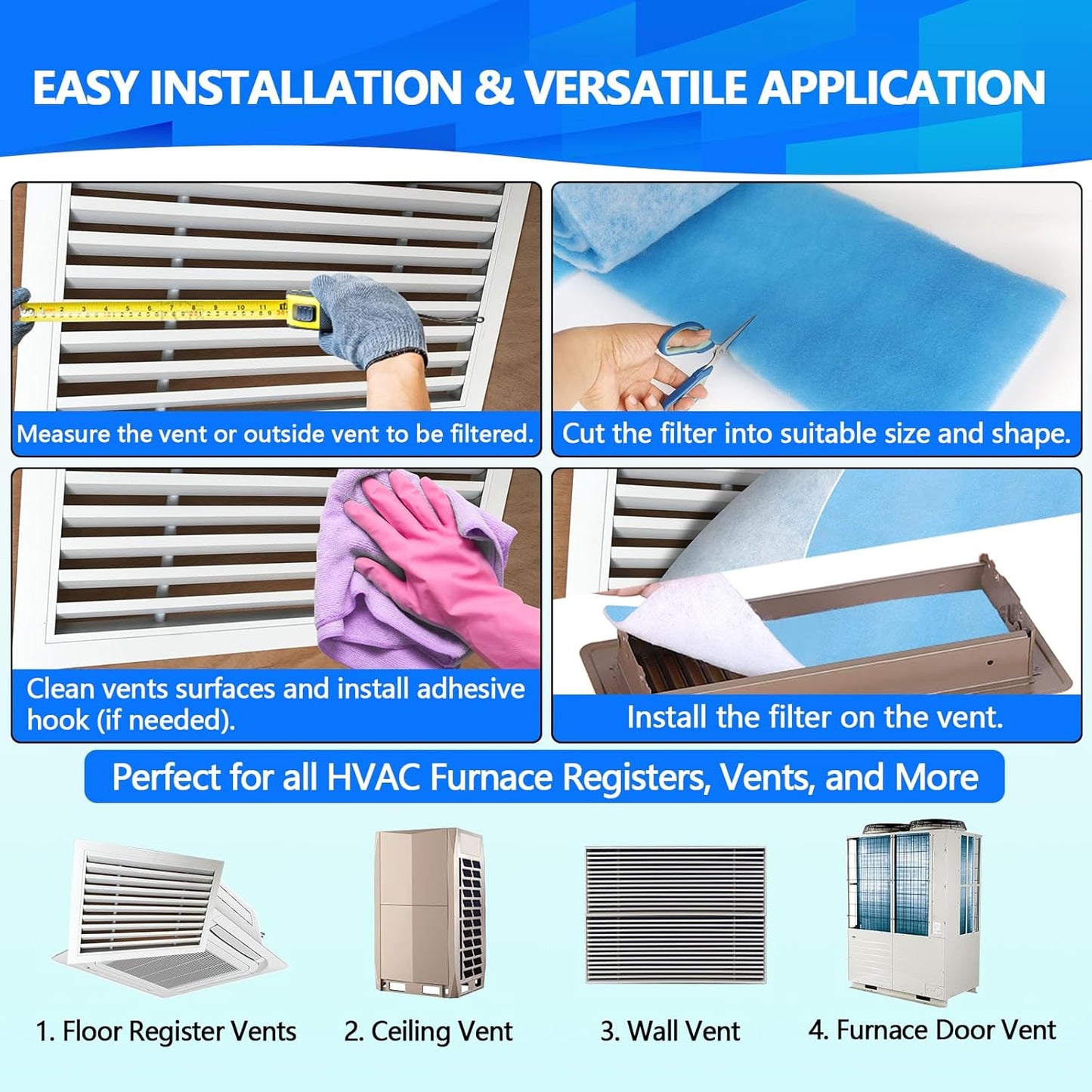 2 Rolls 12" x120" Air Vent Filters, Cut to Fit Air Filter (100+ Filters), MERV 8 Triple Vent Filter for Home Floor, Ceiling, RV, HVAC Furnace Vents, With Adhesive Hook Tape and Installation Tape