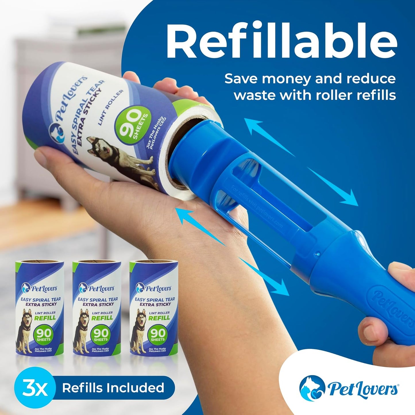 PetLovers Extra Sticky Lint Roller Mega Value Set 450 Sheets for Pet Hair Removal and Clothes, Dog and Cat Lint Remover 5 Pack