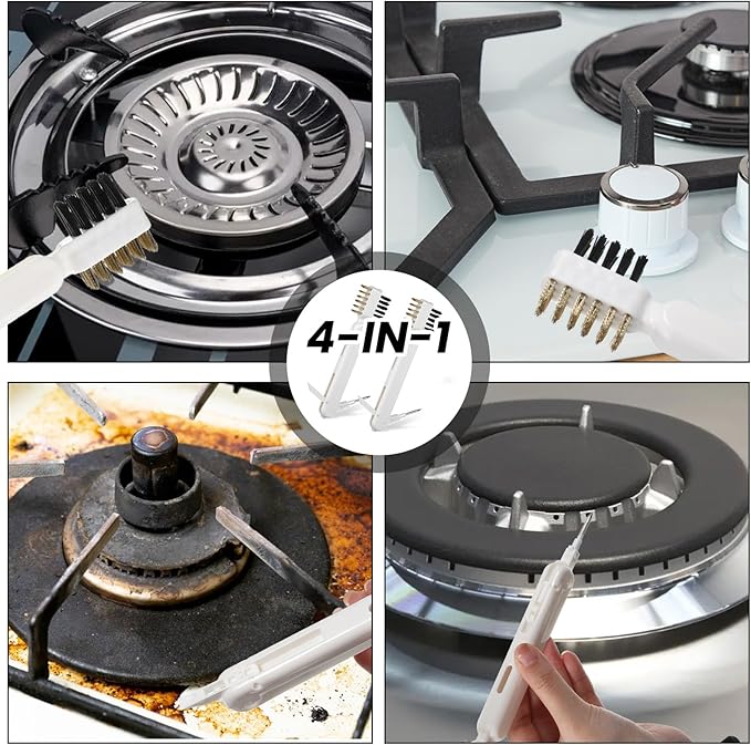 2 PCS Stove Brush, Kitchen Cleaning Scrub Brush, 4-in-1 Gas Stove Brass Wire Brushes with Stiff Bristles Cooktop Scraper Scrubber for Range Hood Grease Grime Rust Cleaner Pot Pan Household Tool