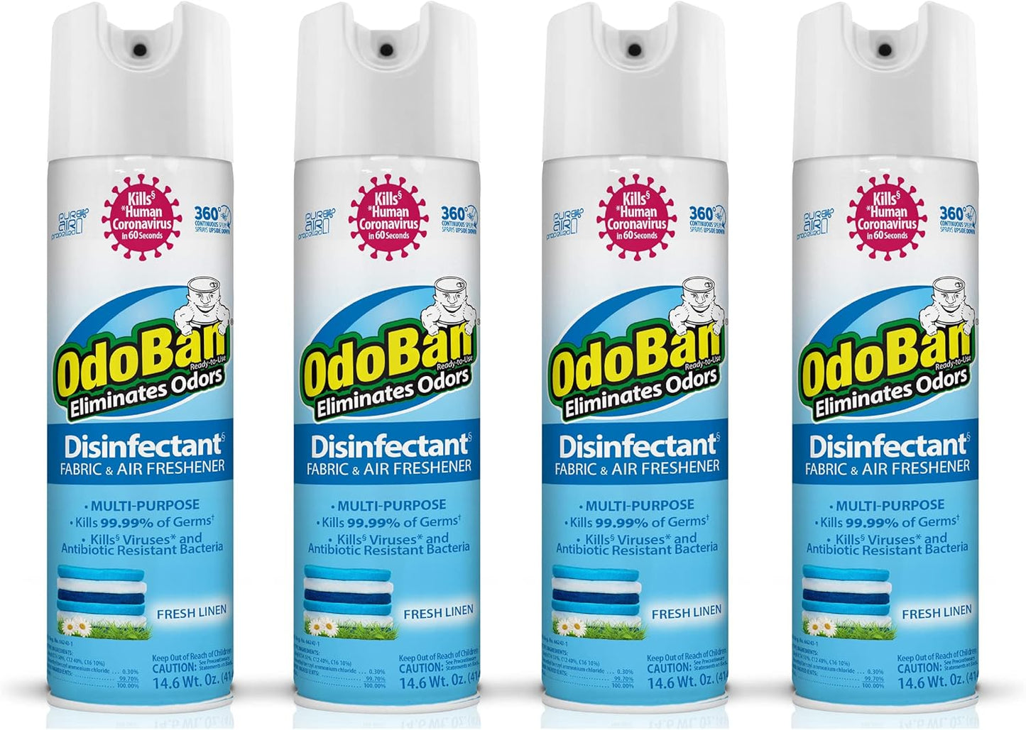 OdoBan Ready-to-Use 360-Degree Continuous Spray Disinfectant and Harsh Aroma Eliminator, Fabric and Air Freshener, 4 Pack, 14.6 Ounces Each, Fresh Linen Scent