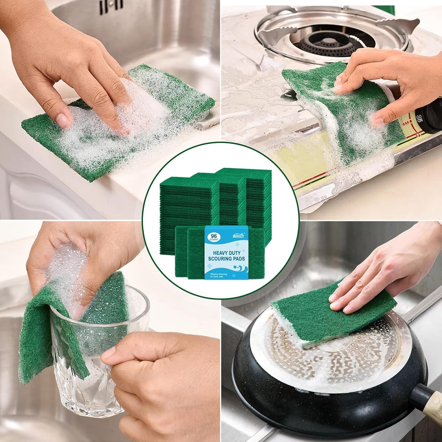 HOMEXCEL Heavy Duty Scouring Pad, 96 Pack Green Scrubbing Pads, Dish Scrubber Reusable for Cleaning, Multipurpose Scrub Pads for Household Kitchen Dishes Pots Pans & Metal Grill