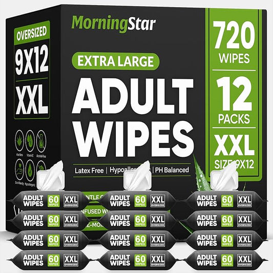 Adult Wipes for Elderly - 720 Wipes 12 Packs Thick Extra Large Disposable Washcloths for Adult Bathing & Shower Alternative No-Rinse - Lightly Scented XXL