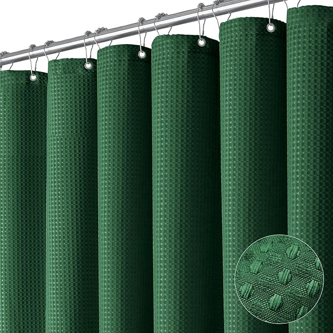 Dynamene Stall Fabric Shower Curtain - 54x78 inch Long Waffle Weave Weighted Thick Cloth Shower Curtains for Bathroom,Heavy Duty Hotel Spa Luxury Bath Curtain Set with 10 Plastic Hooks, Dark Green