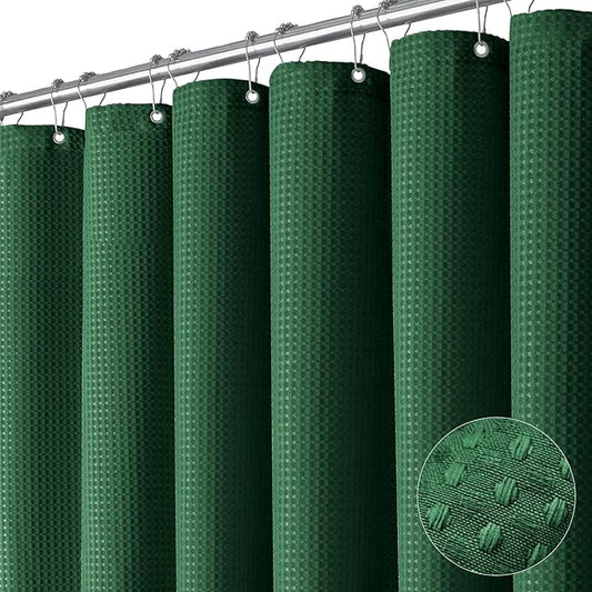 Dynamene Stall Fabric Shower Curtain - 54x78 inch Long Waffle Weave Weighted Thick Cloth Shower Curtains for Bathroom,Heavy Duty Hotel Spa Luxury Bath Curtain Set with 10 Plastic Hooks, Dark Green
