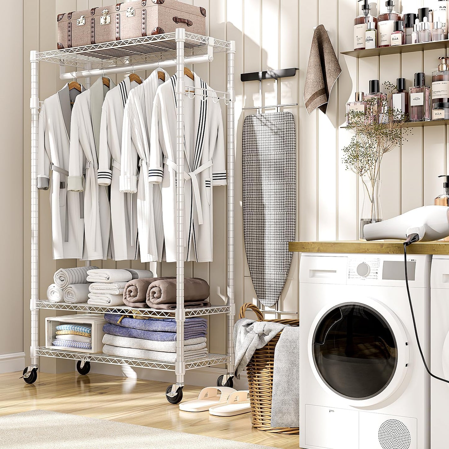 Heavy Duty Rolling Garment Rack 3 Tiers Adjustable Wire Shelving Clothes Rack with Rods and Side Hooks,Storage Closet Clothing Rack with Wheels White 15.7" D x 29.5" W x 74.5" H