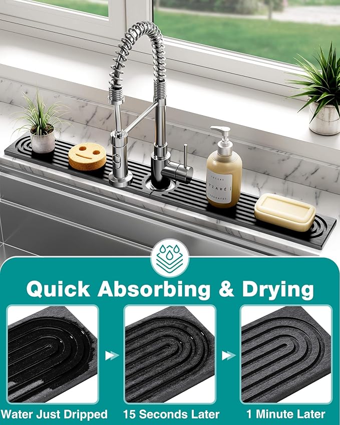 Stone Faucet Mat for Kitchen Sink, Diatomite Sink Protectors - Prevent Moisture Drying Stone Tray Fit Kitchen Counter & Bathroom Counter (Dark Gray, 30" x 4")