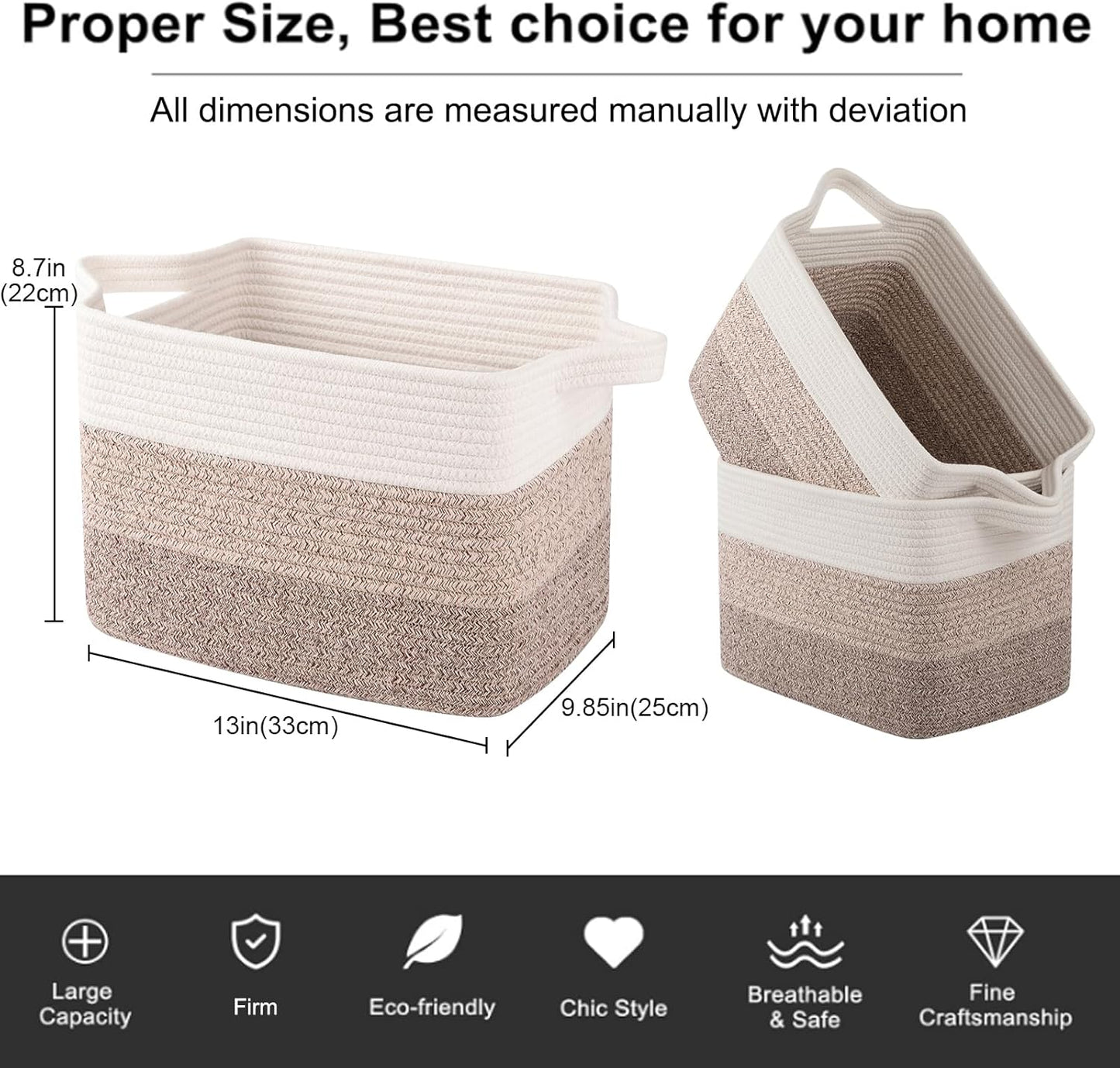 OIAHOMY Storage Basket, Woven Baskets for Storage, Cotton Rope Basket for toys,Towel Baskets for Bathroom - Pack of 3, Gradient Yellow