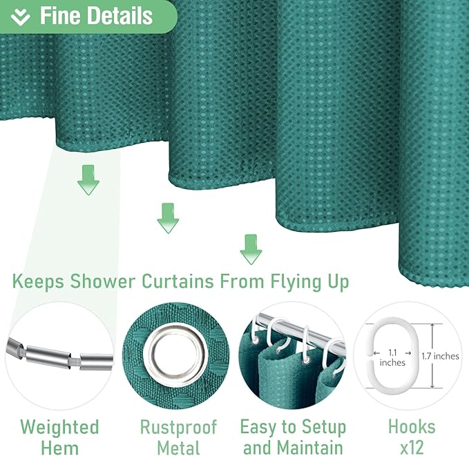 Dynamene Extra Long Shower Curtain - 84 Inch Long Green Fabric Waffle Weave Heavy Duty Shower Curtain for Bathroom, Weighted Hotel Thick Cloth Shower Curtain Set with 12 Hooks,72x84, Seaweed Green