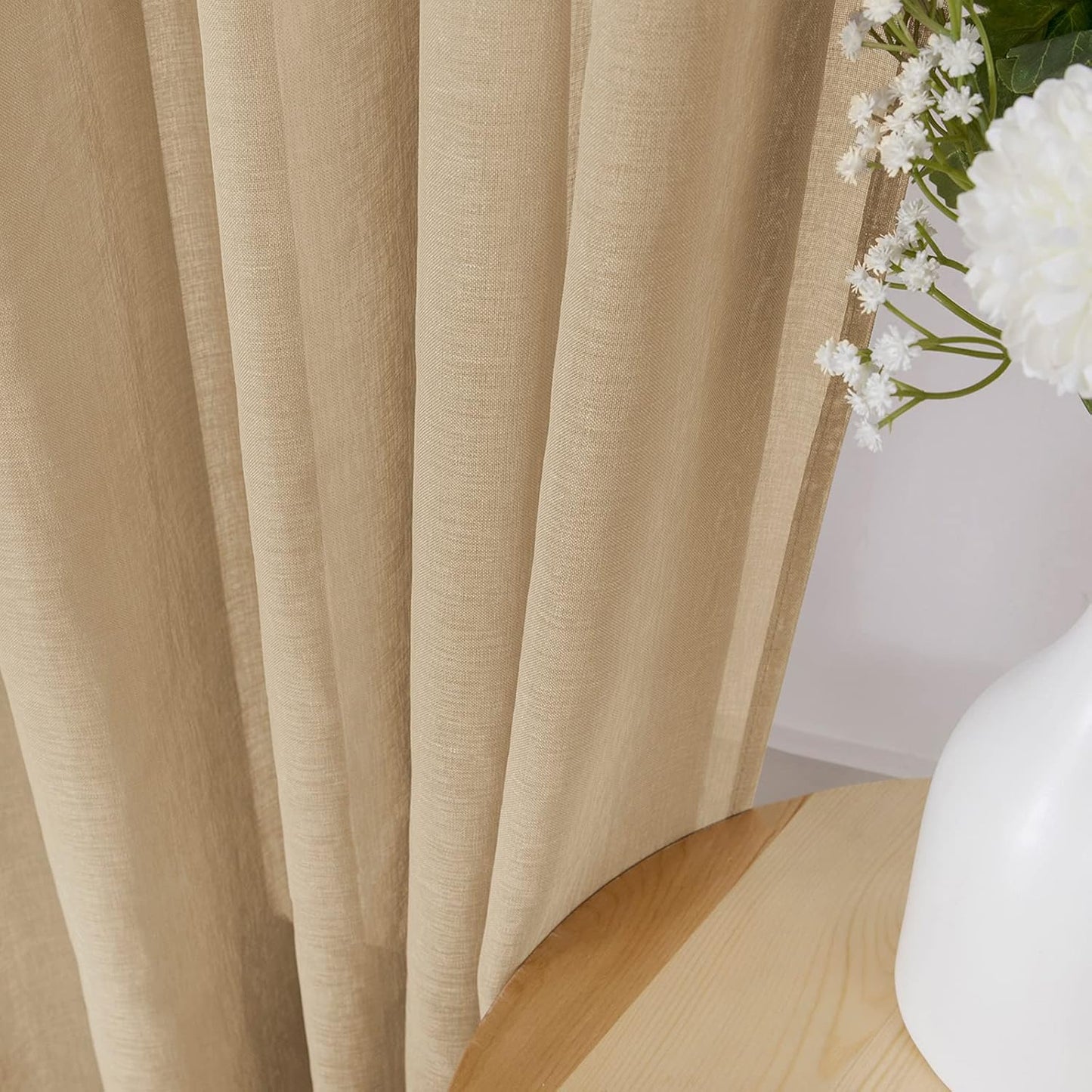 Tollpiz Sheer Curtains Linen Textured Living Room Curtain Sheers Light Filtering Rod Pocket Voile Curtains for Bedroom, 42 x 63 inches Long, Beige, Set of 2 Panels