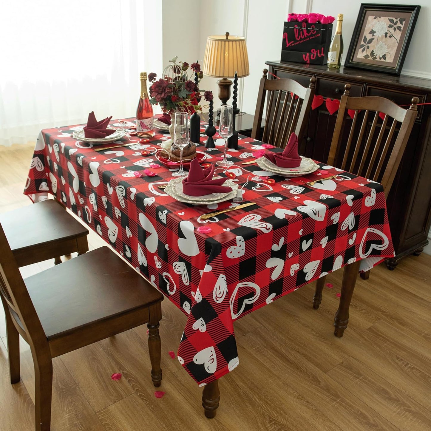 Red Waterproof Plaid Valentines’ Day Tablecloth Fabric - Square 58x58 Inch Classic Love Heart Table Cloth for Indoor Use - Checkered Table Cover for Picnics, Dinner, and Parties