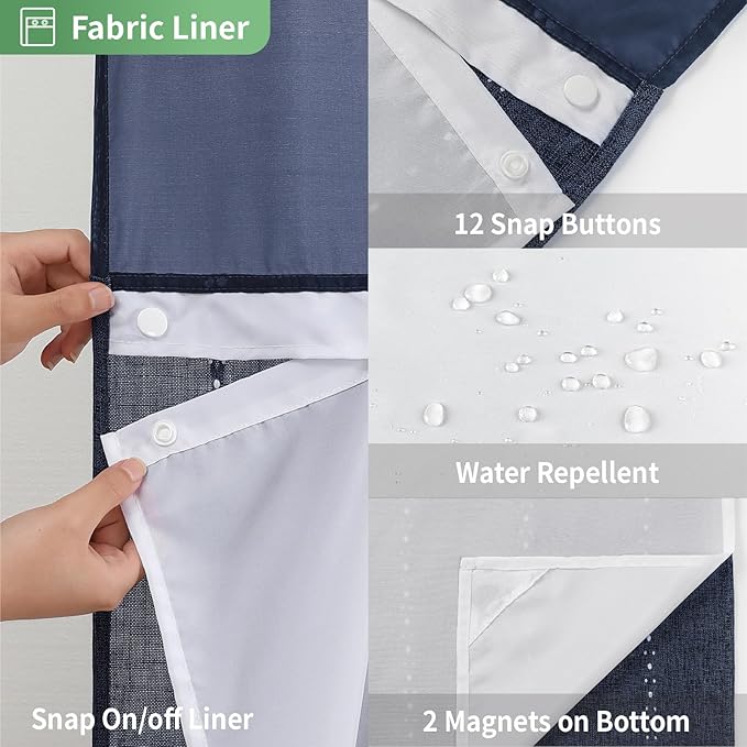 No Hook Boho Farmhouse Shower Curtain with Snap-in Liner Set,Linen Rustic Heavy Duty Striped Fabric Shower Curtain with Tassel,Hotel Style Cloth Shower Curtains for Bathroom,Navy Blue,71x74