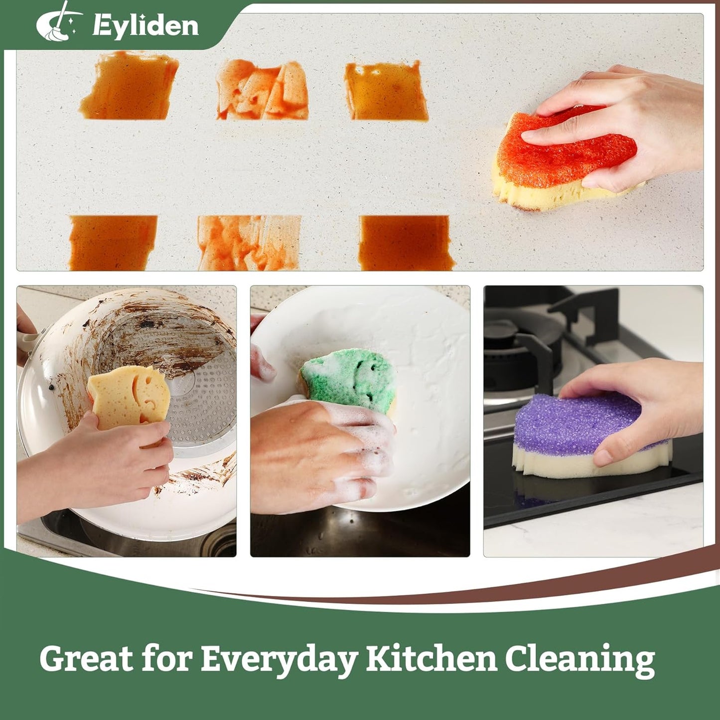 Eyliden 6 Pack Scrub Sponge - Dual-Sided, Smart-Temp Firmness, Dish Scrubber, Non-Scratch, Multi-Surface Safe Cleaning Sponges - Kitchen, Bathroom, Dish for Scrubbing (6)