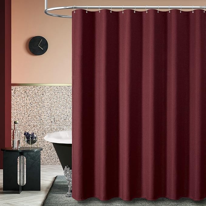 Dynamene Stall Fabric Shower Curtain - 54x78 inch Long Waffle Weave Weighted Thick Cloth Shower Curtains for Bathroom, Heavy Duty Hotel Spa Luxury Bath Curtain Set with 10 Plastic Hooks, Burgundy